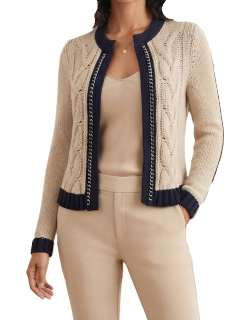 Chico's Tan Navy Cable Knit With Chain Detail Cardigan Sweater size 2